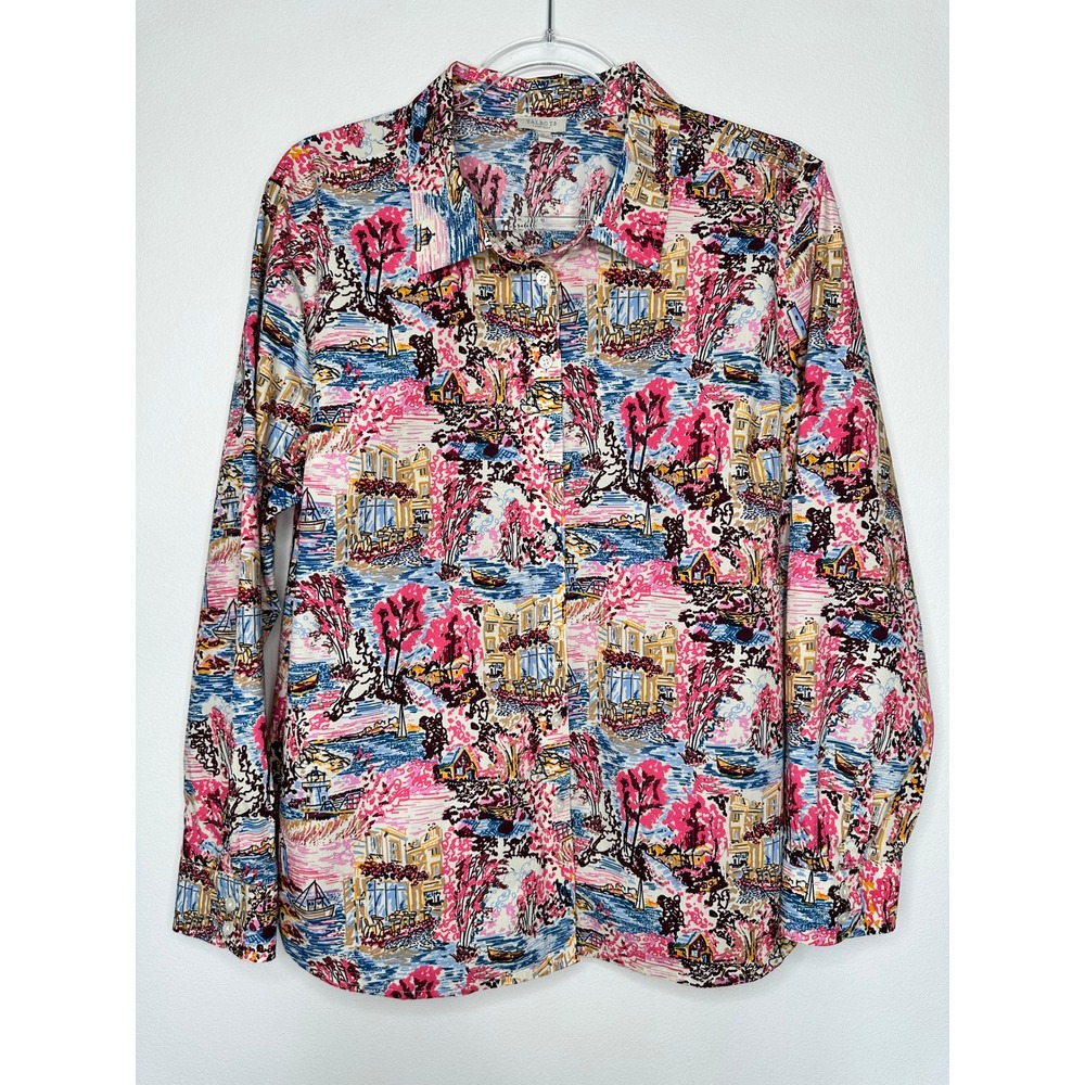 Talbots Scenic Coastal Print Cotton Button Down Shirt Size XLP Lighthouse Pink